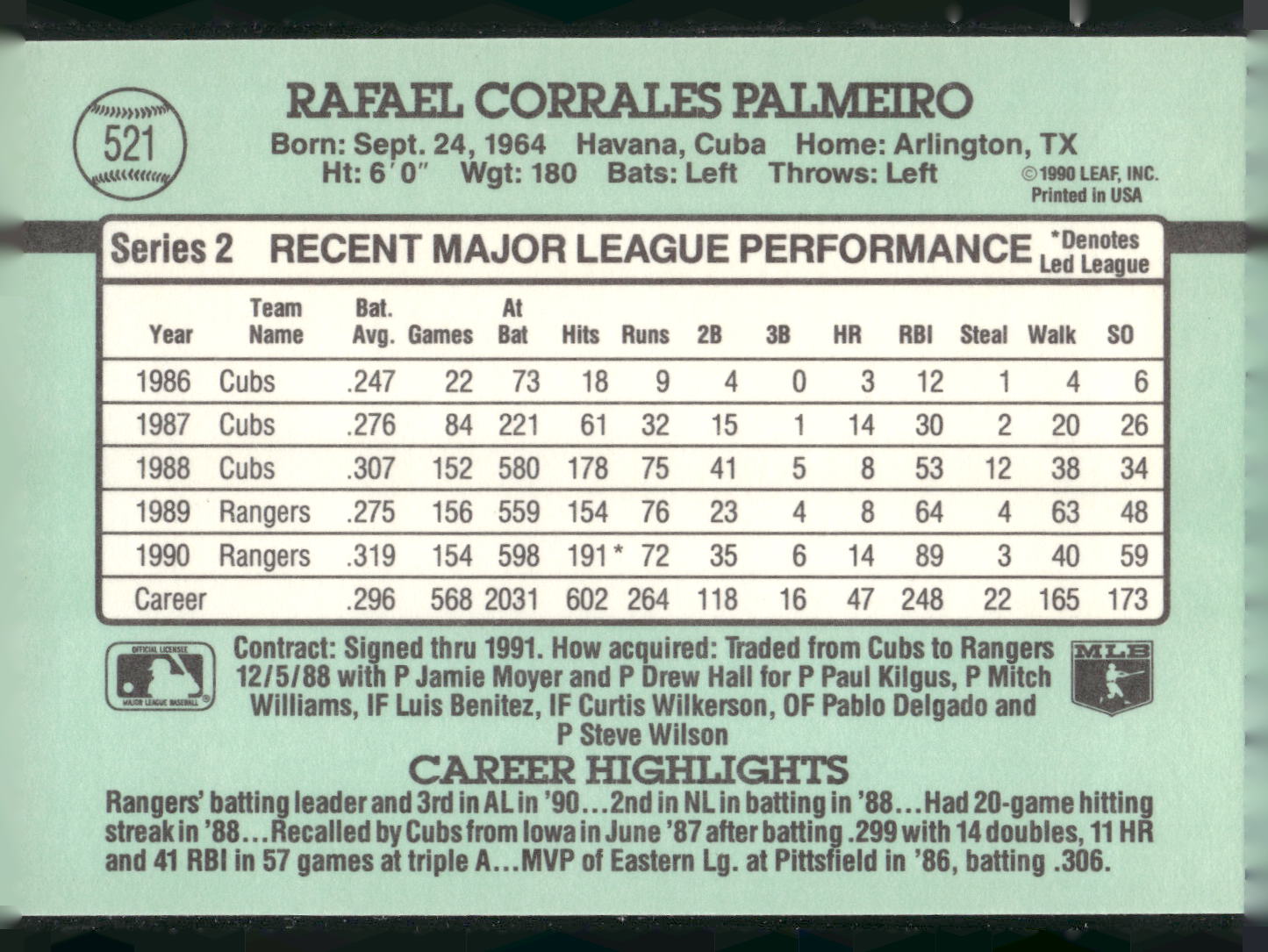 1991 Donruss #521 Rafael Palmeiro