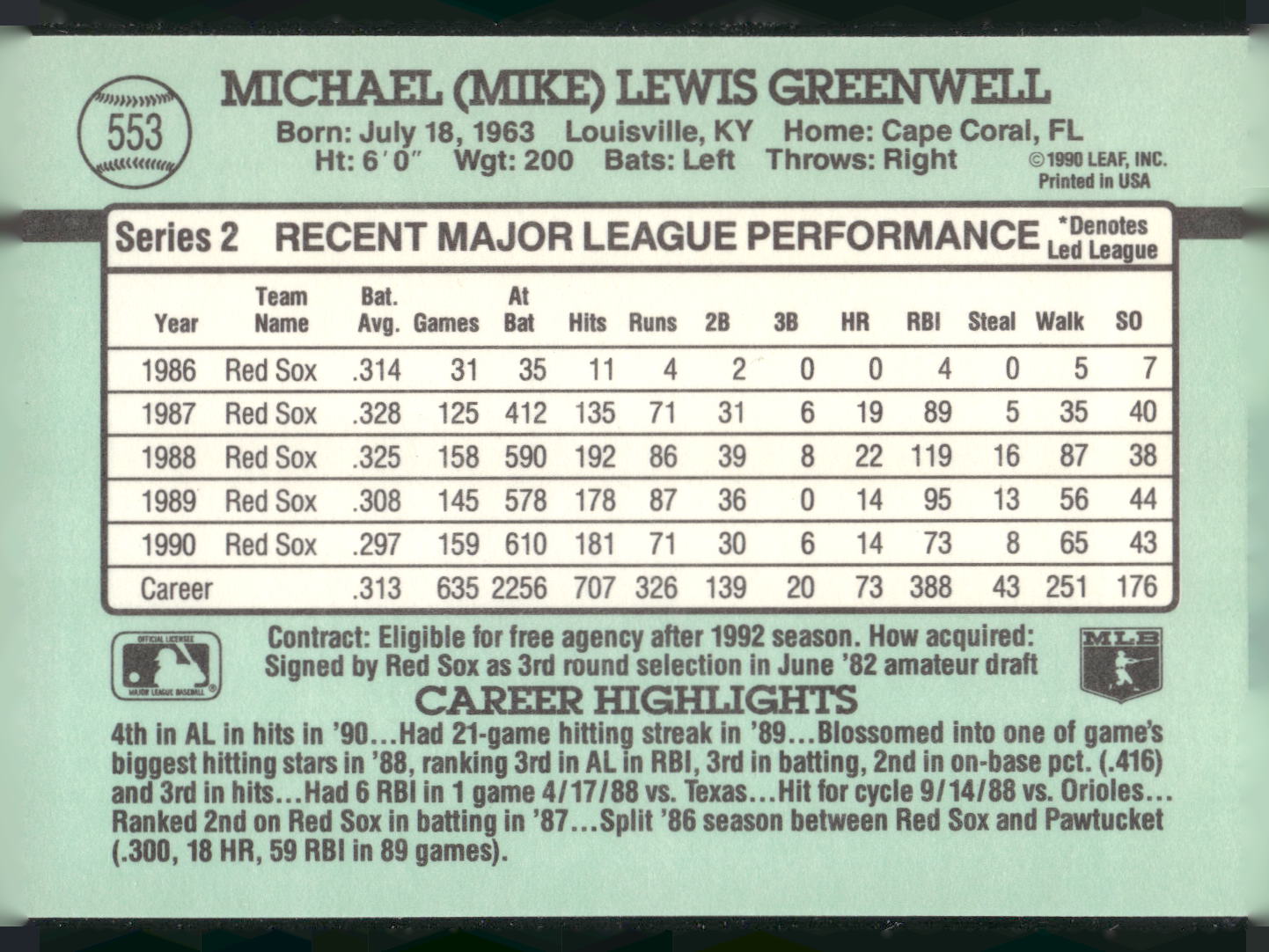 1991 Donruss #553 Mike Greenwell