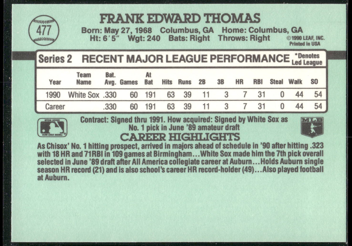 1991 Donruss #477 Frank Thomas