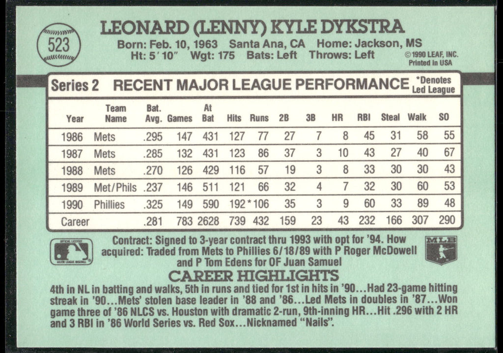 1991 Donruss #523 Len Dykstra