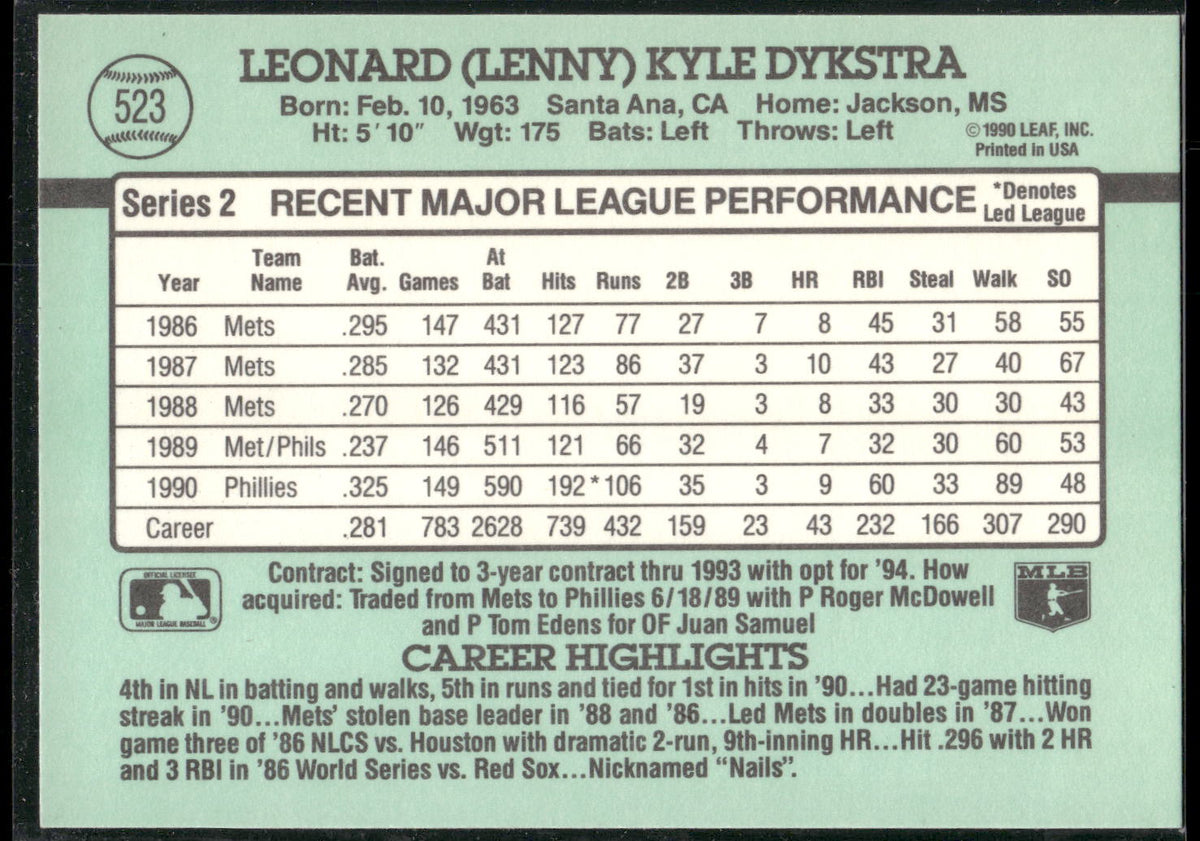 1991 Donruss #523 Len Dykstra