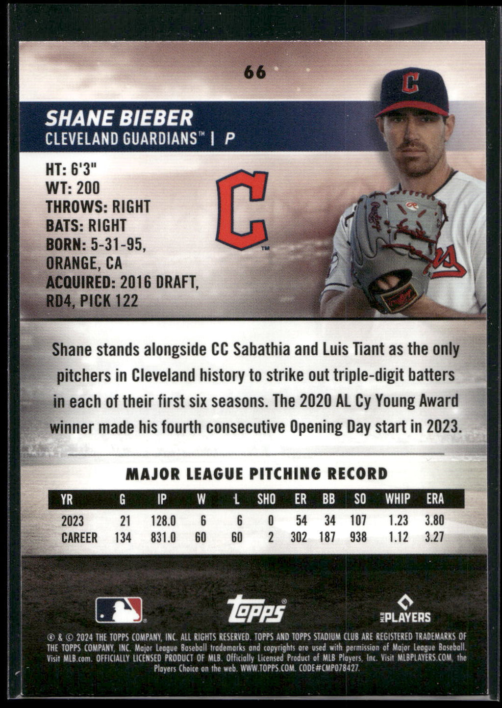 2024 Stadium Club #66 Shane Bieber