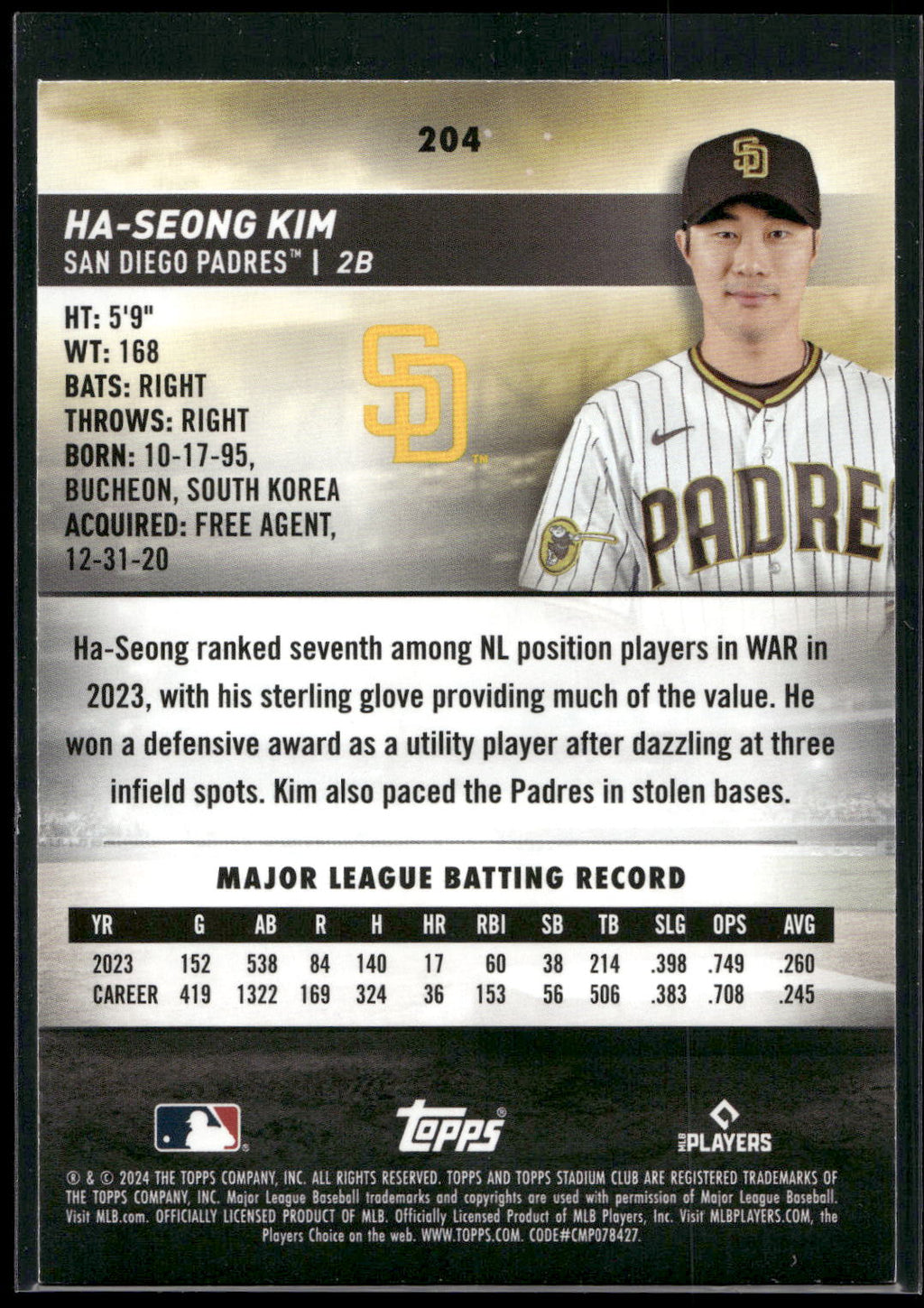 2024 Stadium Club #204 Ha-Seong Kim