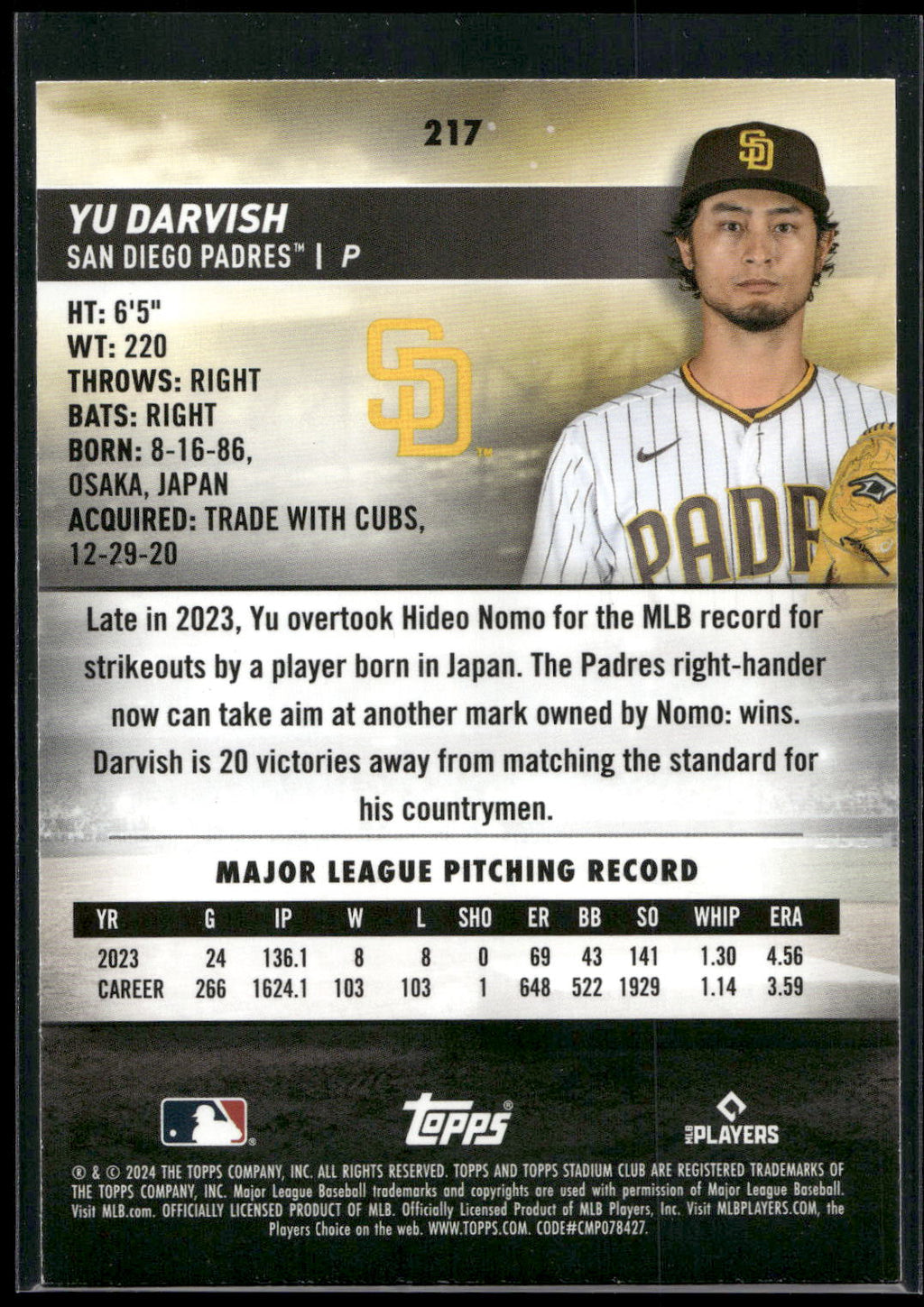 2024 Stadium Club #217 Yu Darvish
