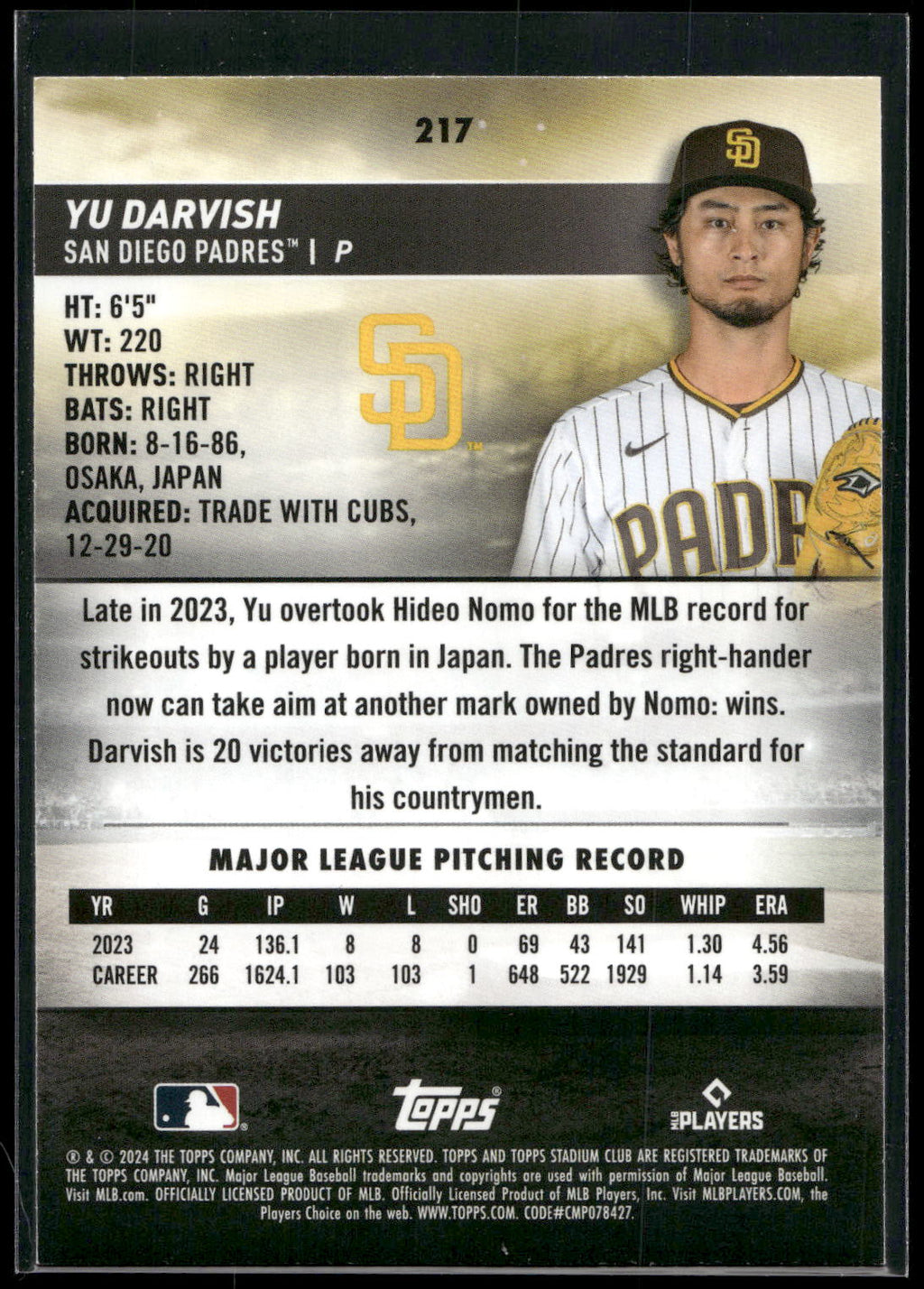 2024 Stadium Club #217 Yu Darvish