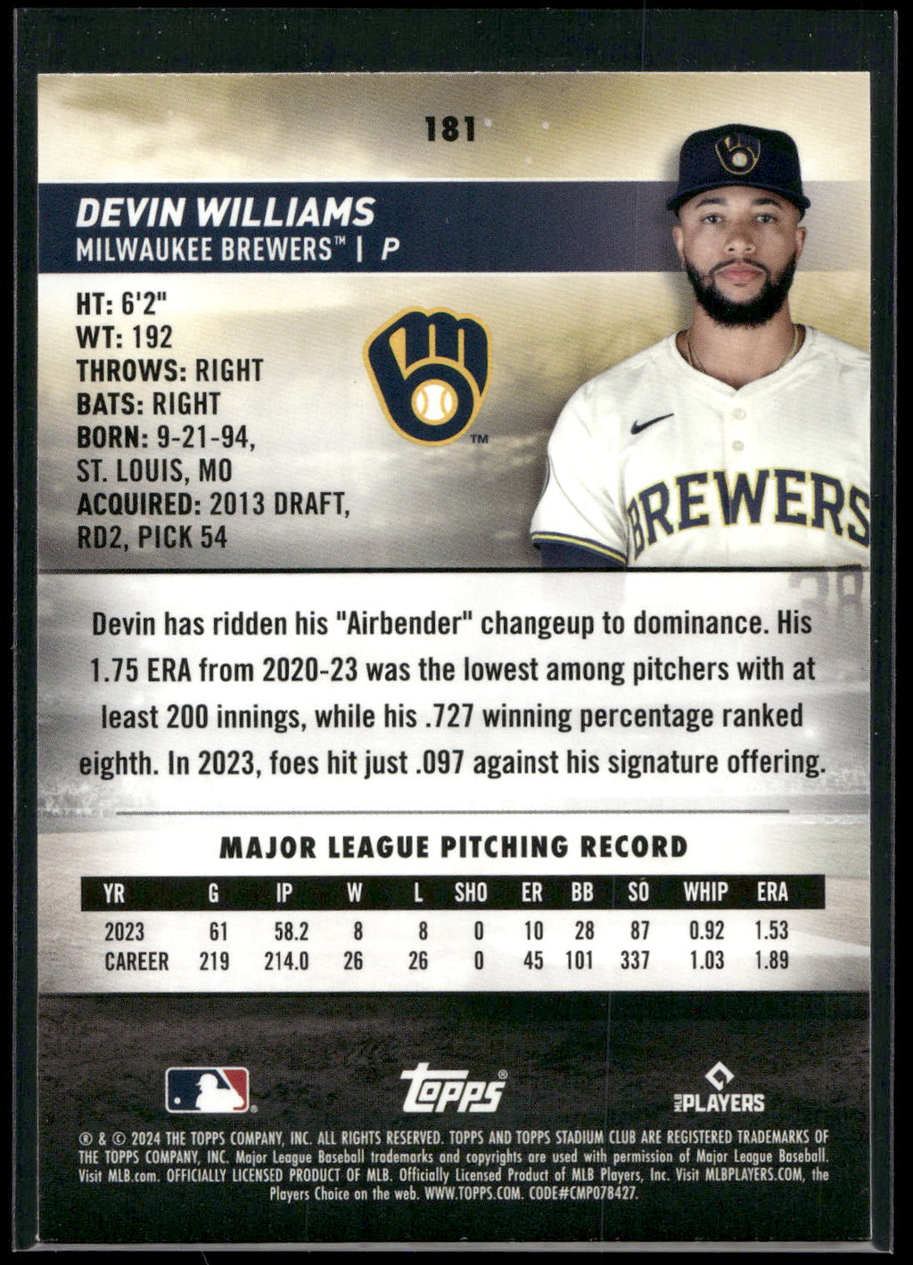 2024 Stadium Club #181 Devin Williams
