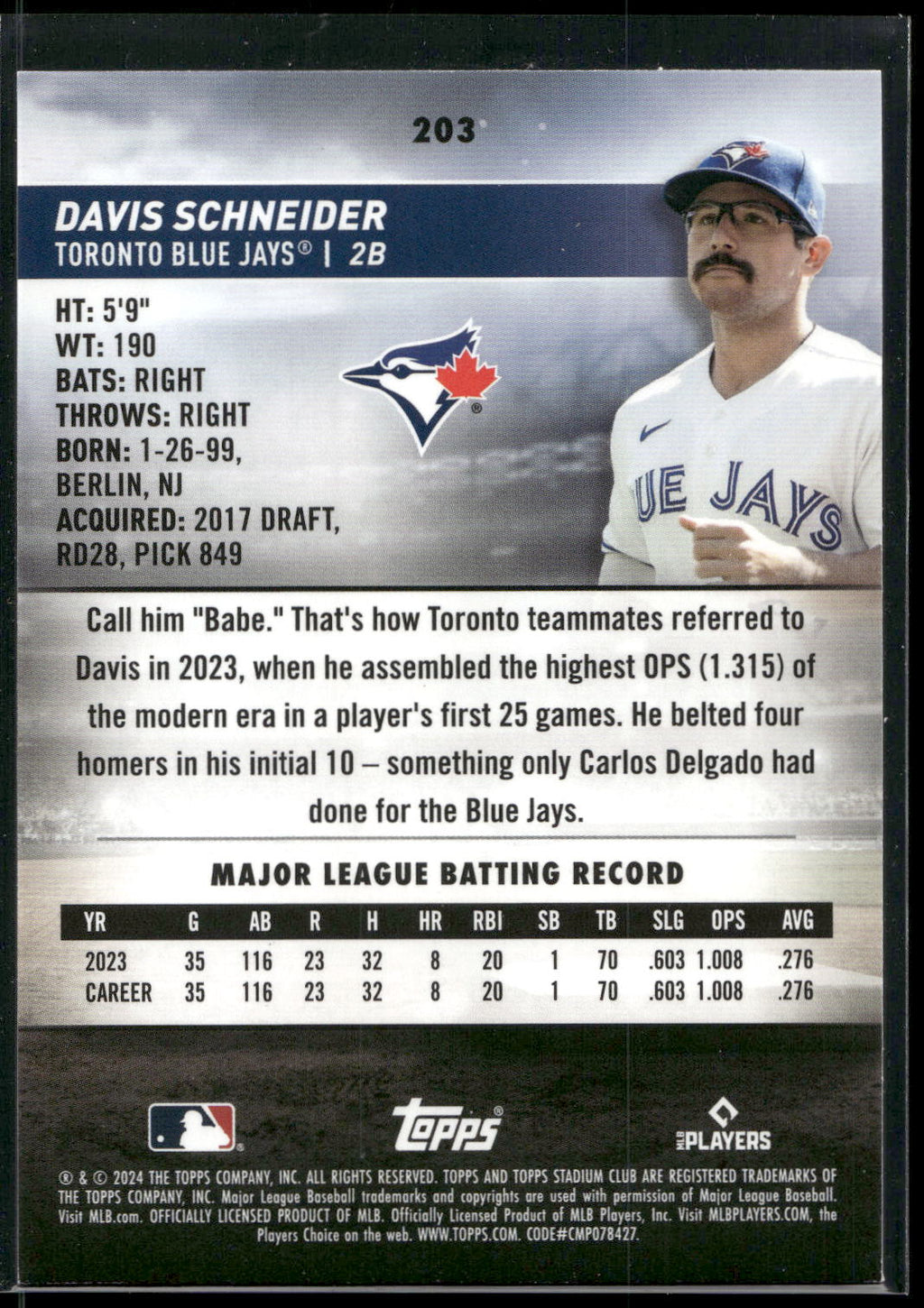 2024 Stadium Club #203 Davis Schneider