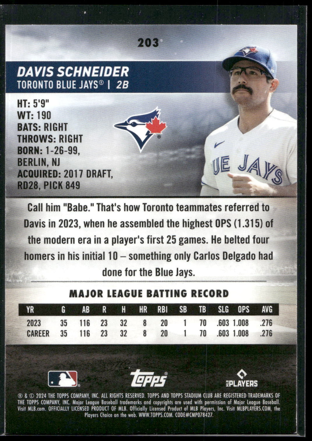 2024 Stadium Club #203 Davis Schneider