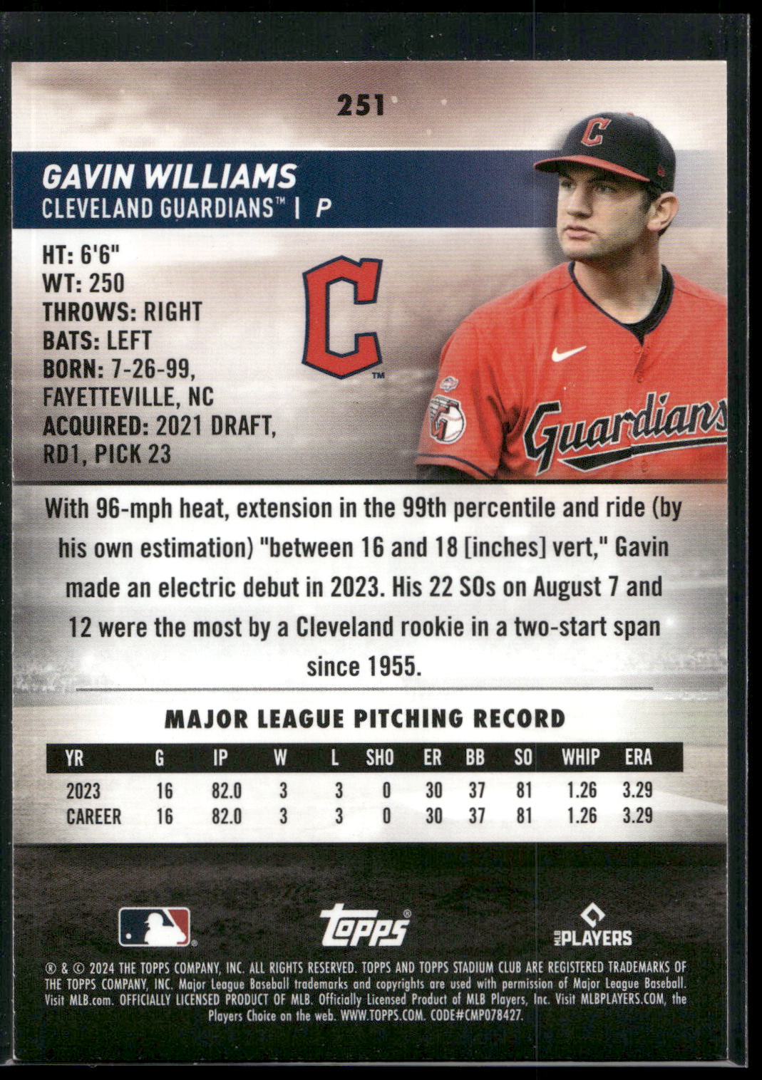 2024 Stadium Club #251 Gavin Williams