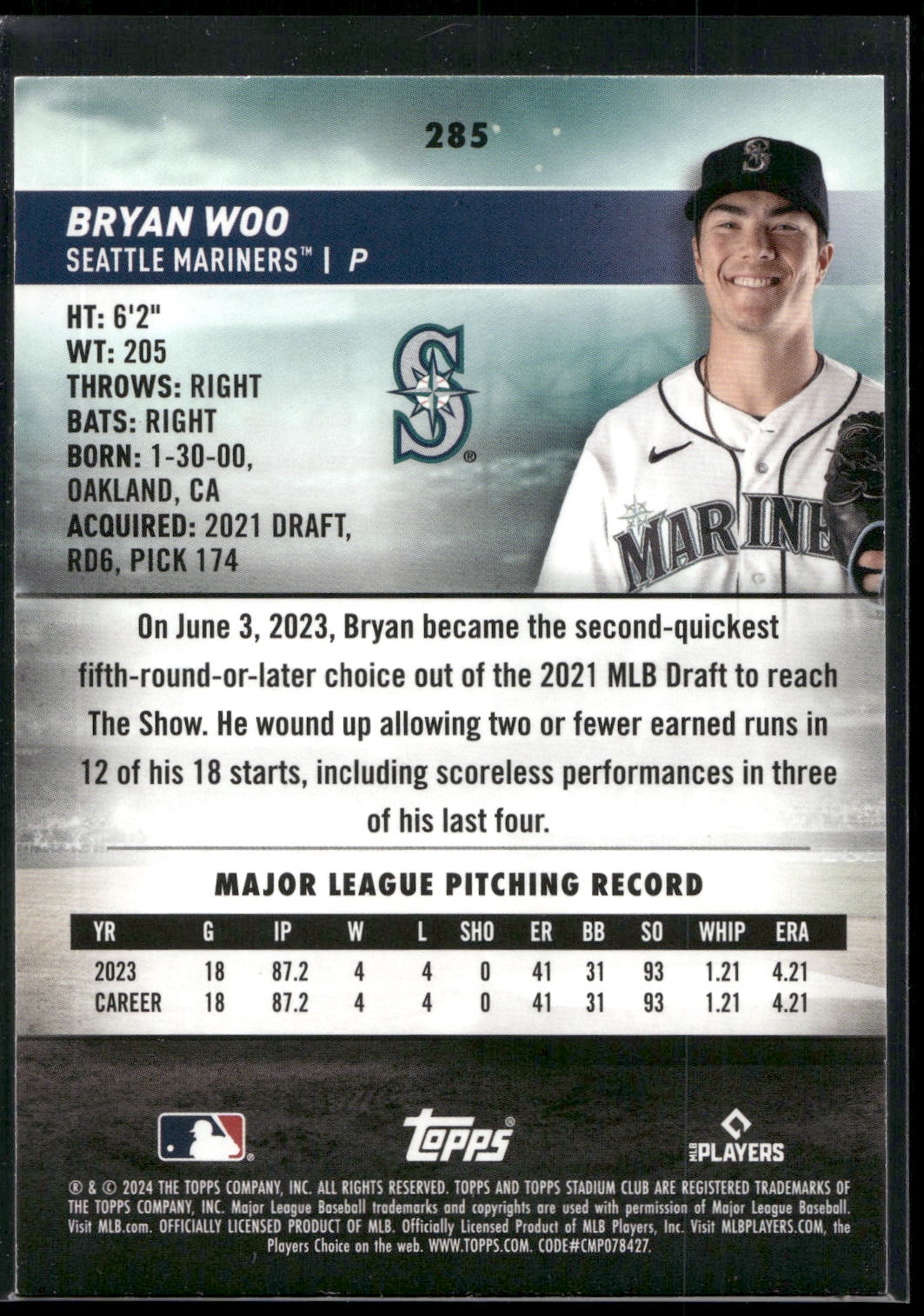 2024 Stadium Club #285 Bryan Woo