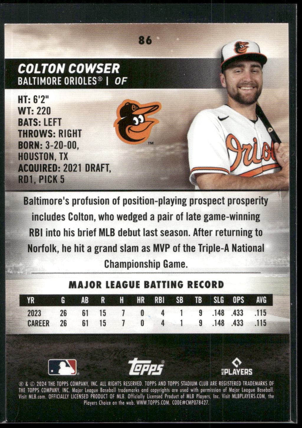 2024 Stadium Club #86 Colton Cowser