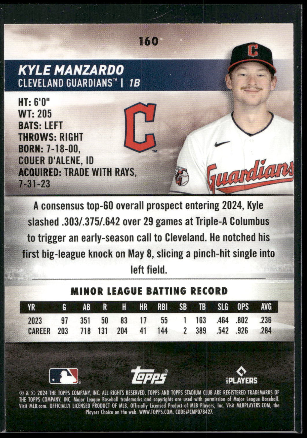 2024 Stadium Club #160 Kyle Manzardo