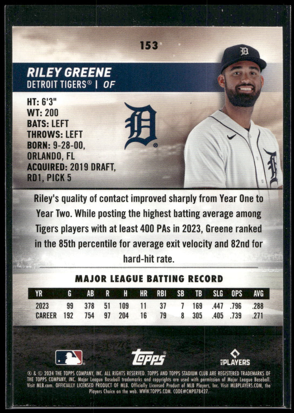 2024 Stadium Club #153 Riley Greene