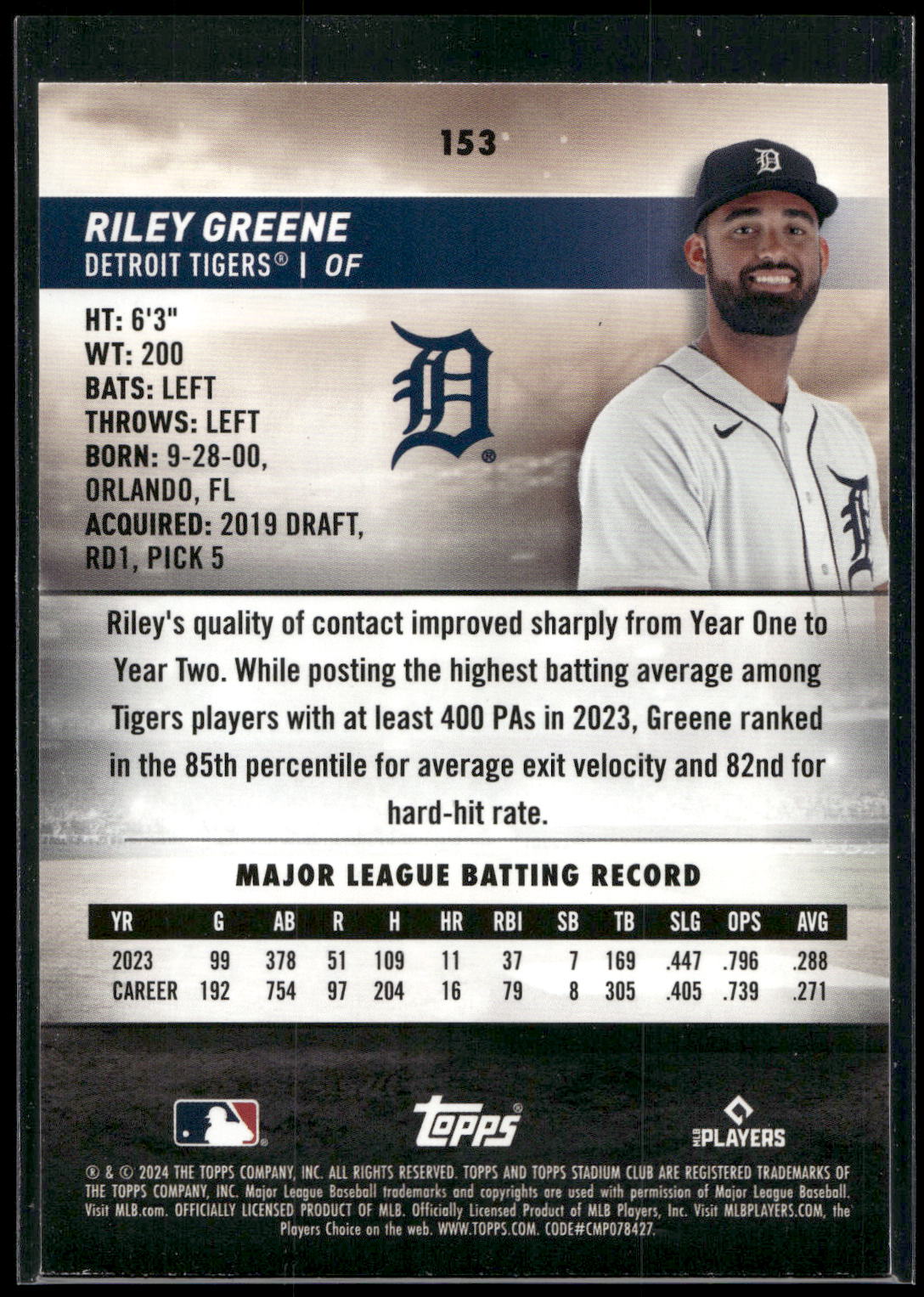 2024 Stadium Club #153 Riley Greene