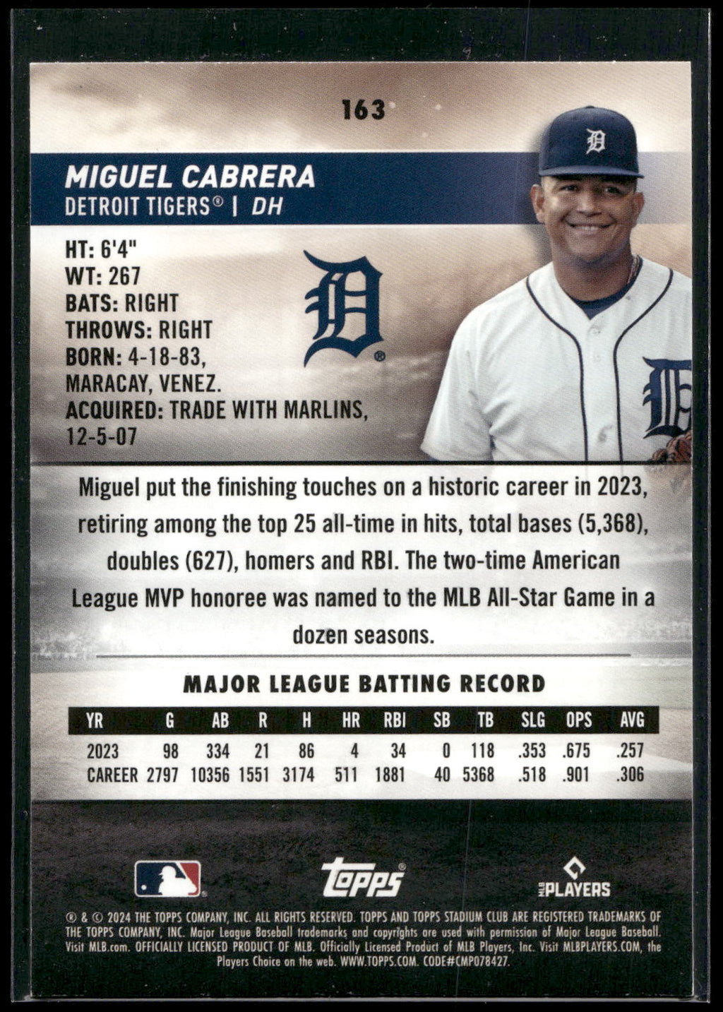 2024 Stadium Club #163 Miguel Cabrera