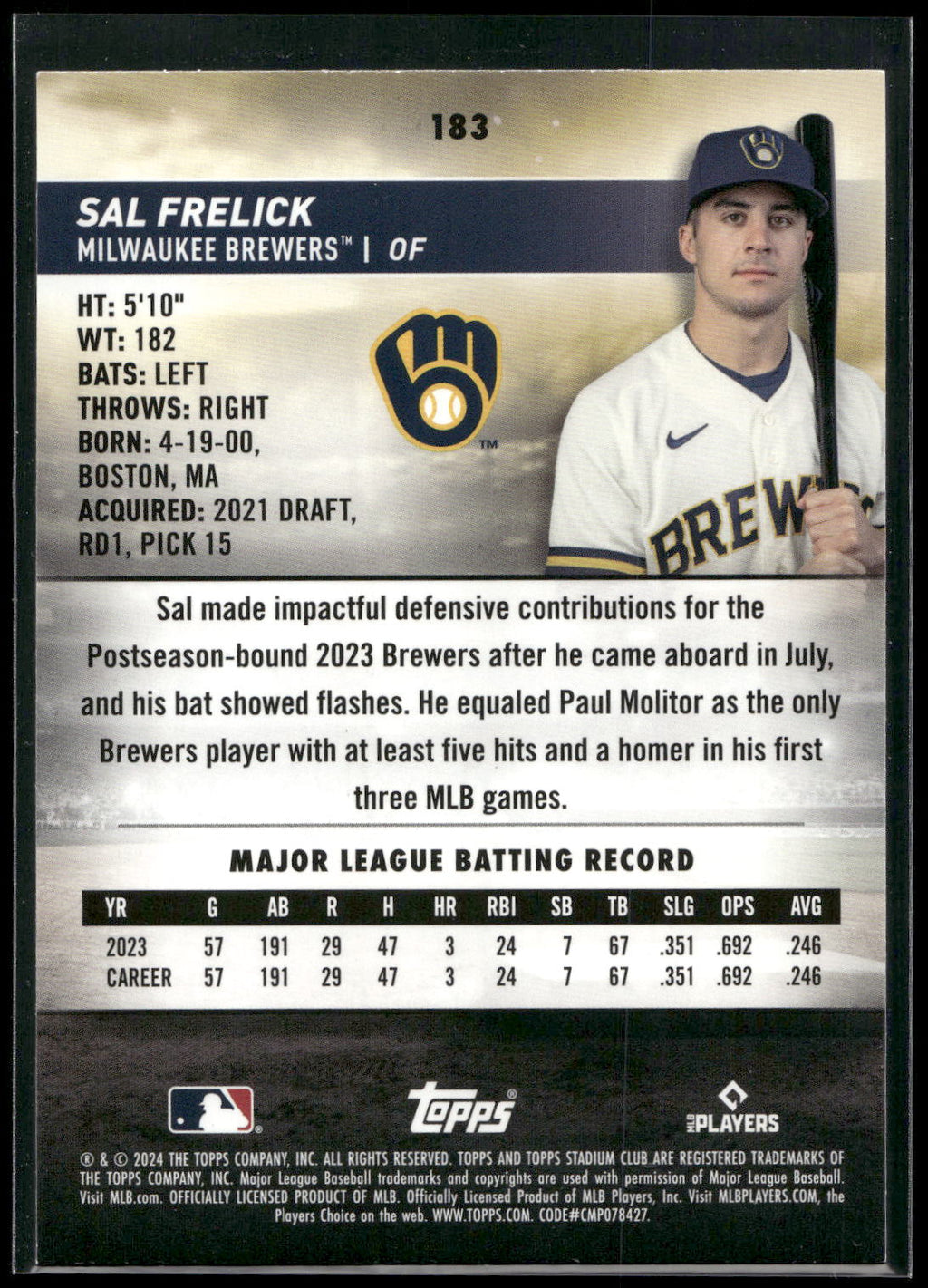 2024 Stadium Club #183 Sal Frelick
