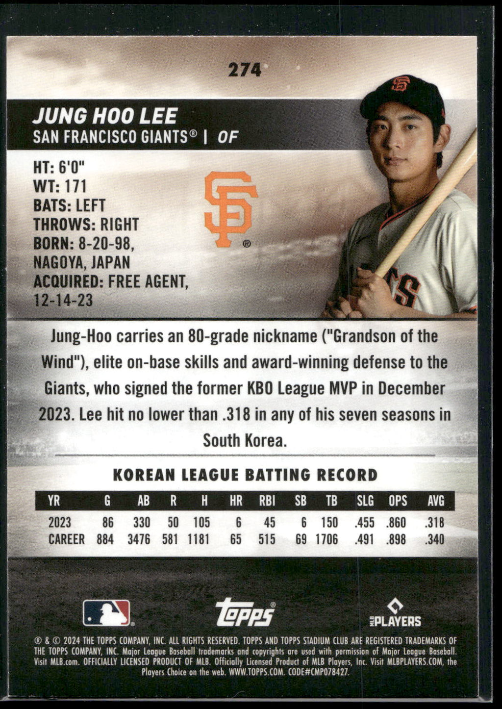 2024 Stadium Club #274 Jung Hoo Lee