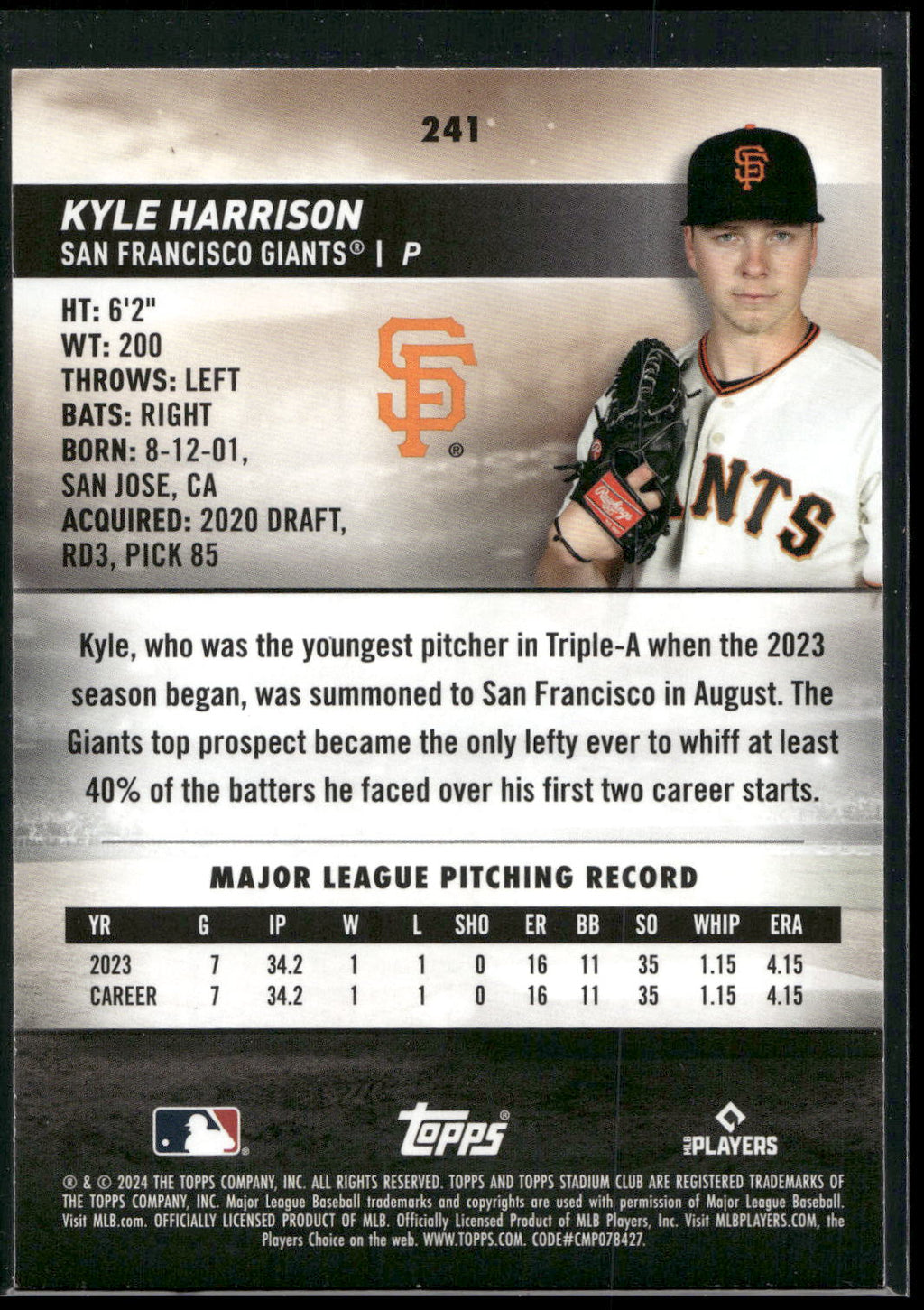 2024 Stadium Club #241 Kyle Harrison