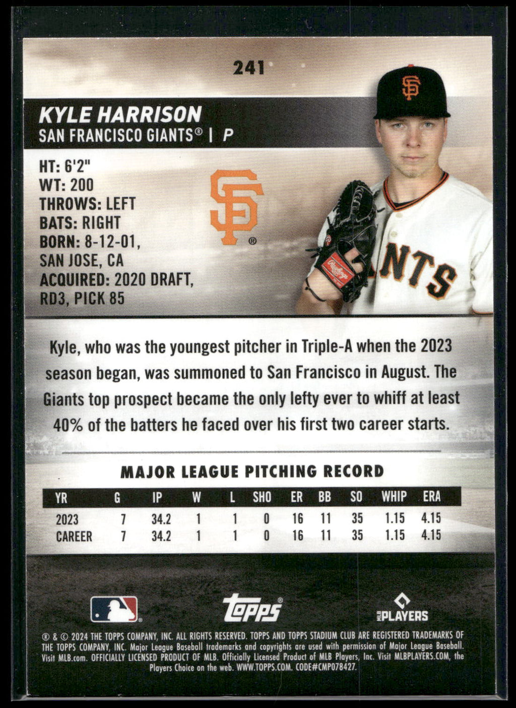 2024 Stadium Club #241 Kyle Harrison