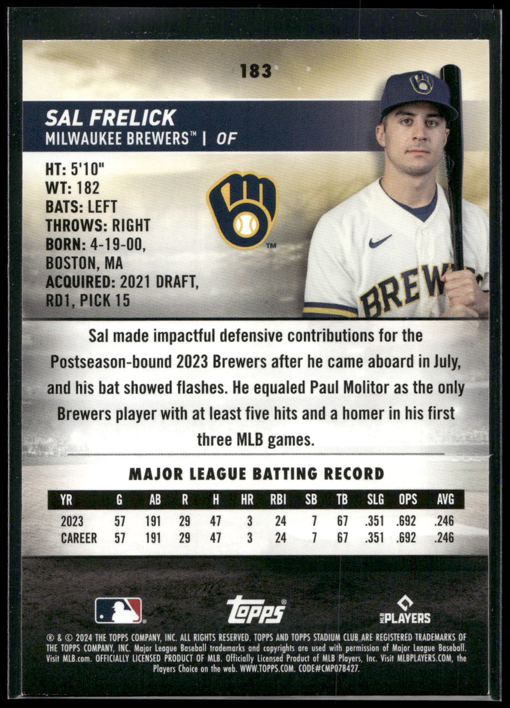2024 Stadium Club #183 Sal Frelick