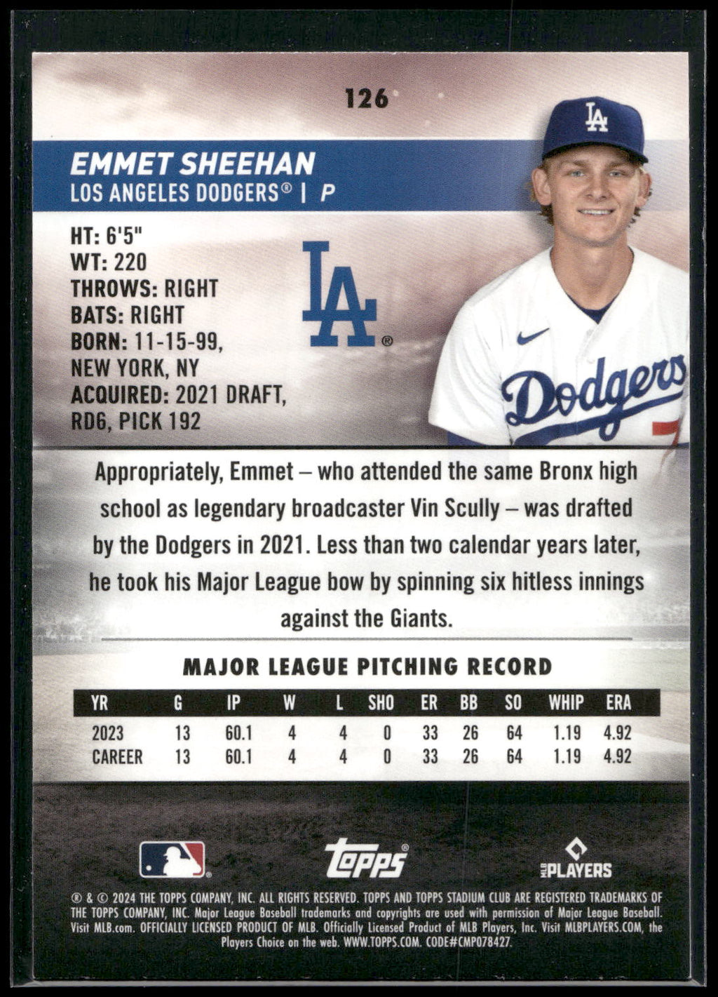 2024 Stadium Club #126 Emmet Sheehan