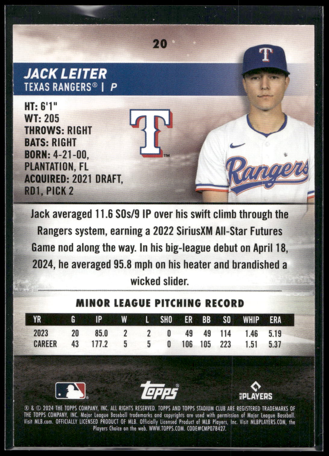 2024 Stadium Club #20 Jack Leiter