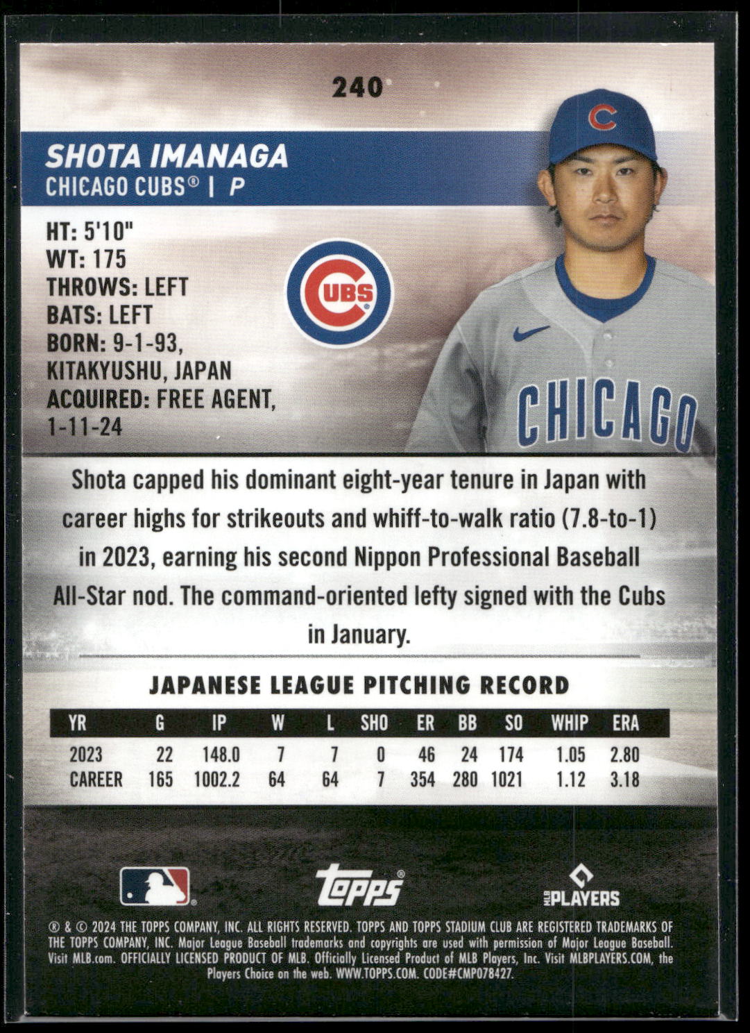 2024 Stadium Club #240 Shota Imanaga