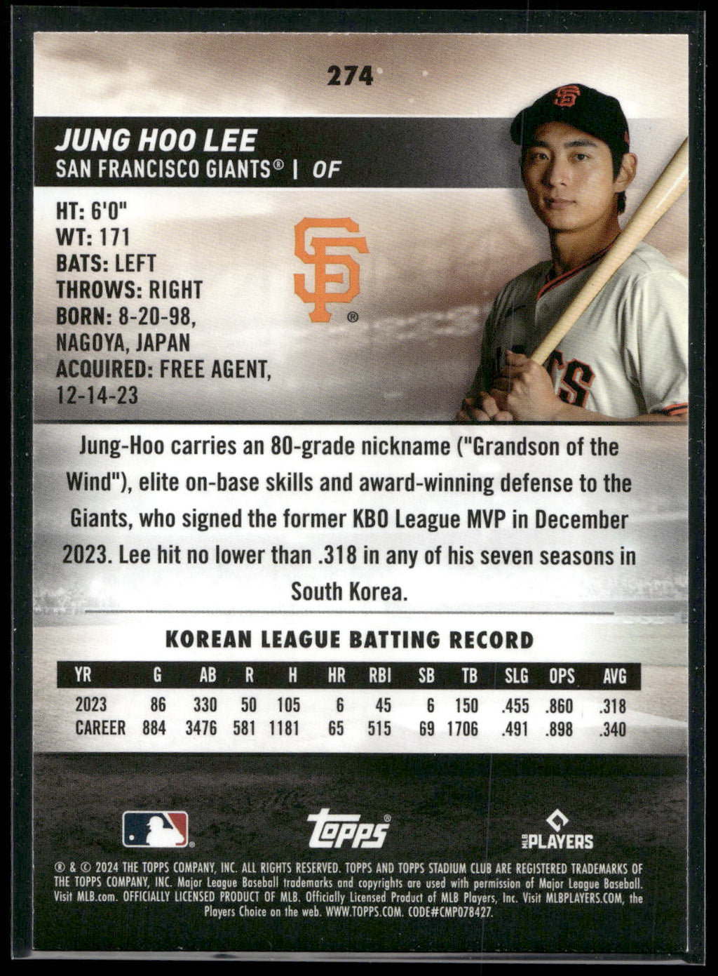 2024 Stadium Club #274 Jung Hoo Lee