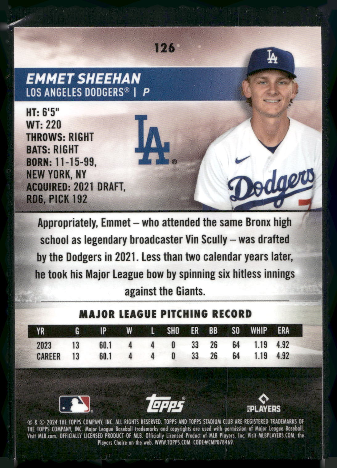 2024 Stadium Club #126 Emmet Sheehan