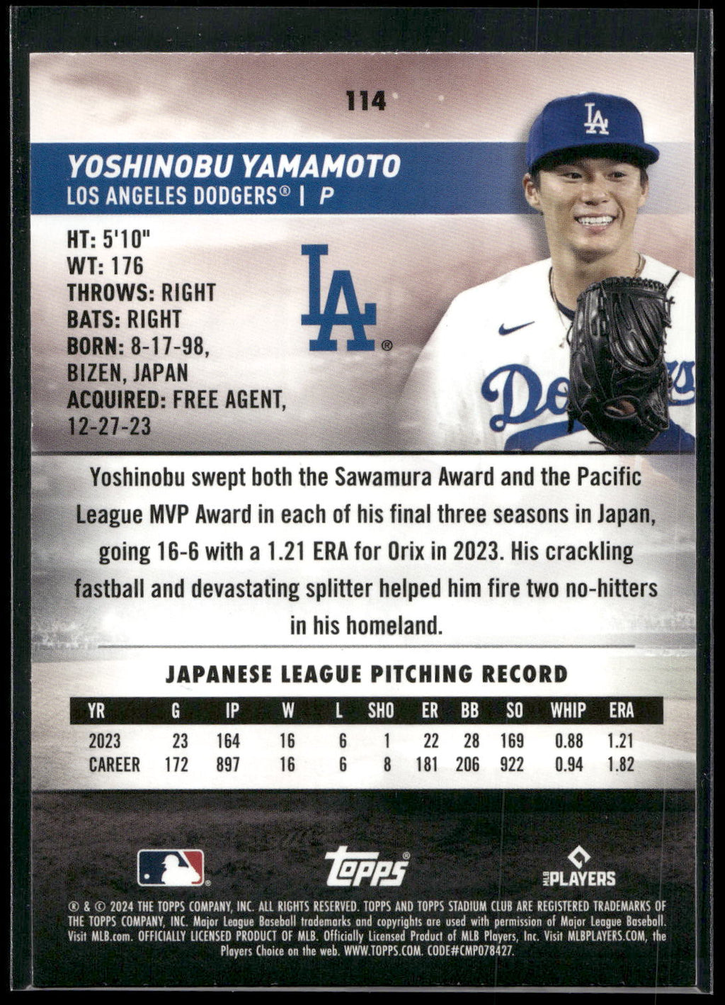 2024 Stadium Club #114 Yoshinobu Yamamoto