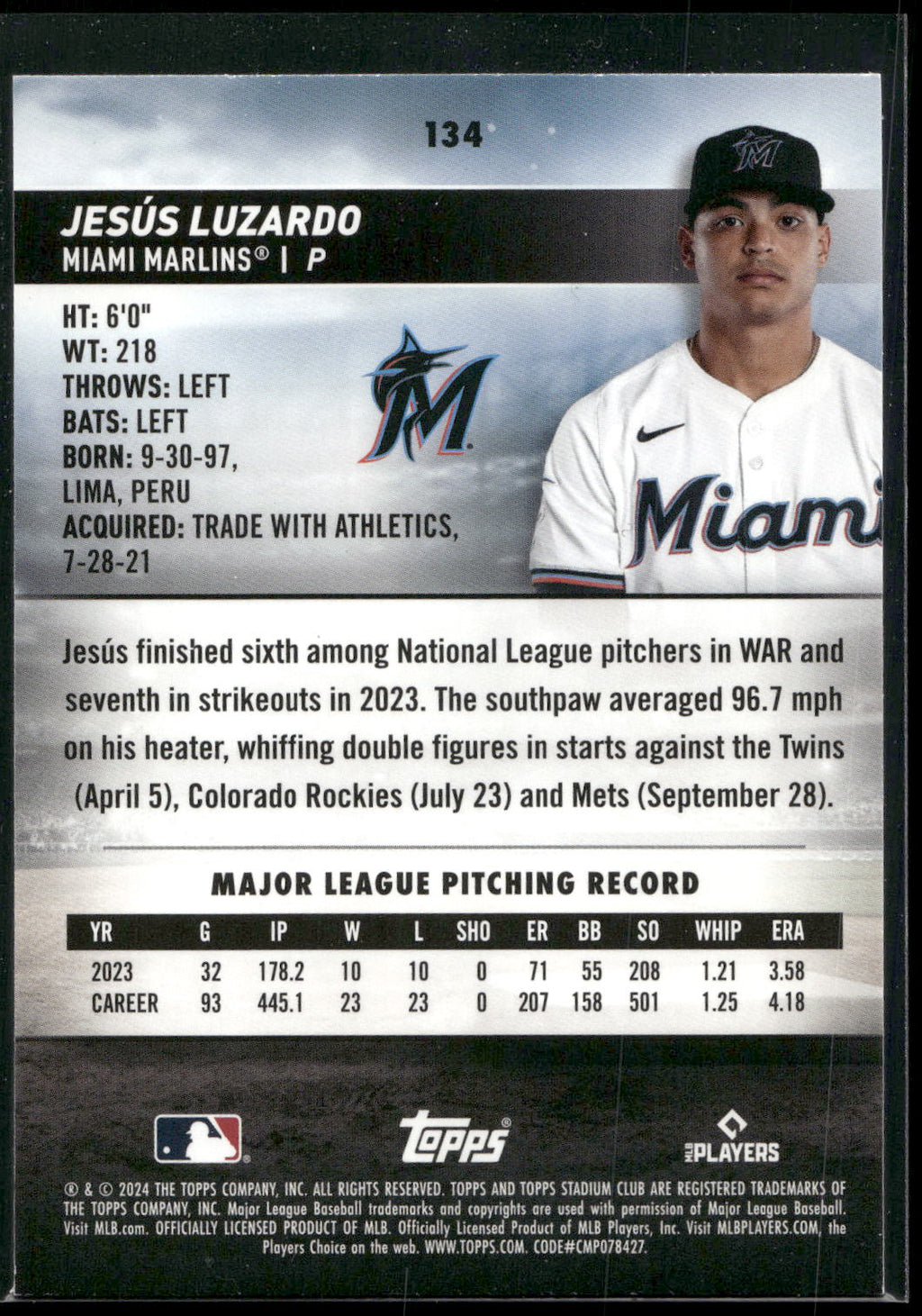 2024 Stadium Club #134 Jesús Luzardo