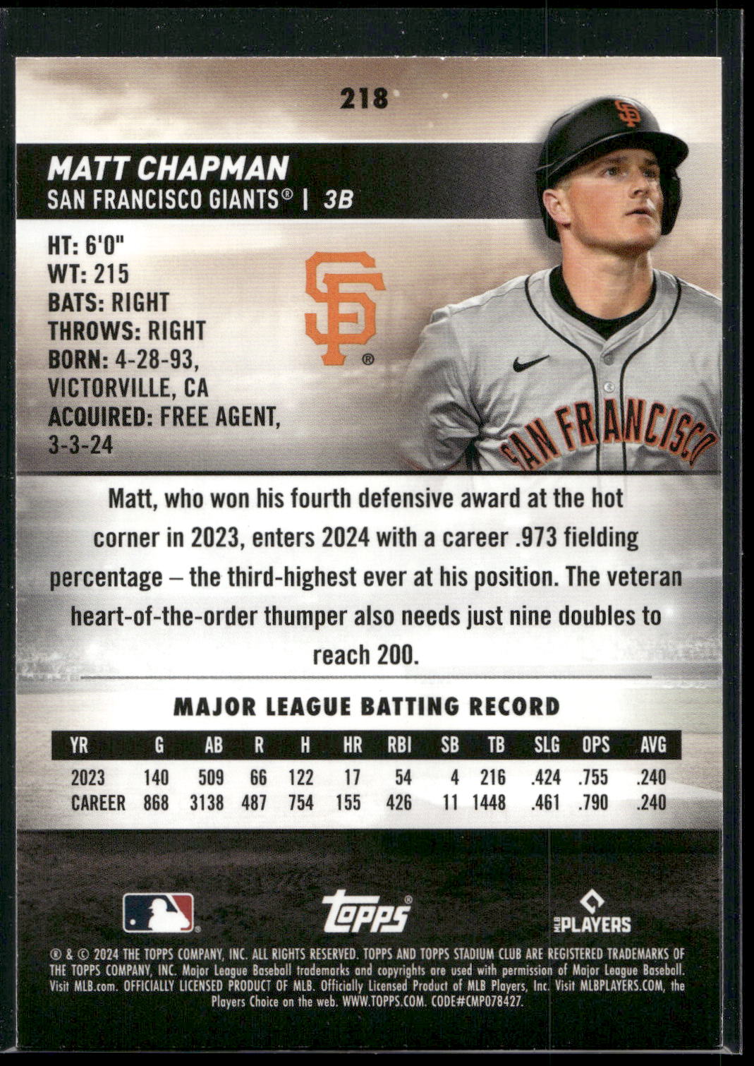 2024 Stadium Club #218 Matt Chapman