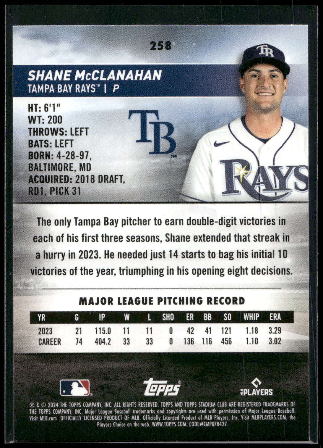 2024 Stadium Club #258 Shane McClanahan