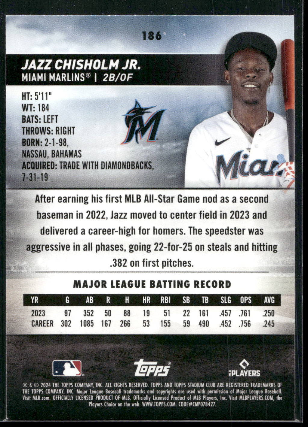 2024 Stadium Club #186 Jazz Chisholm Jr.
