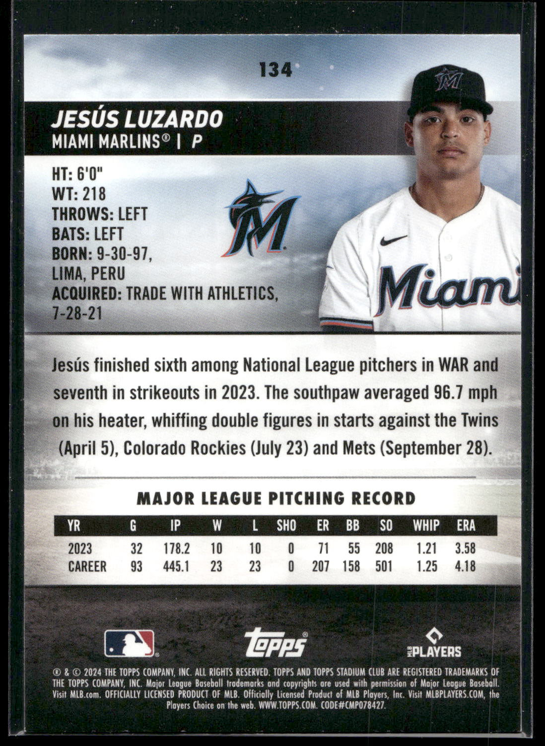 2024 Stadium Club #134 Jesús Luzardo