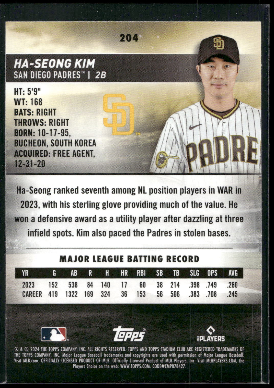 2024 Stadium Club #204 Ha-Seong Kim