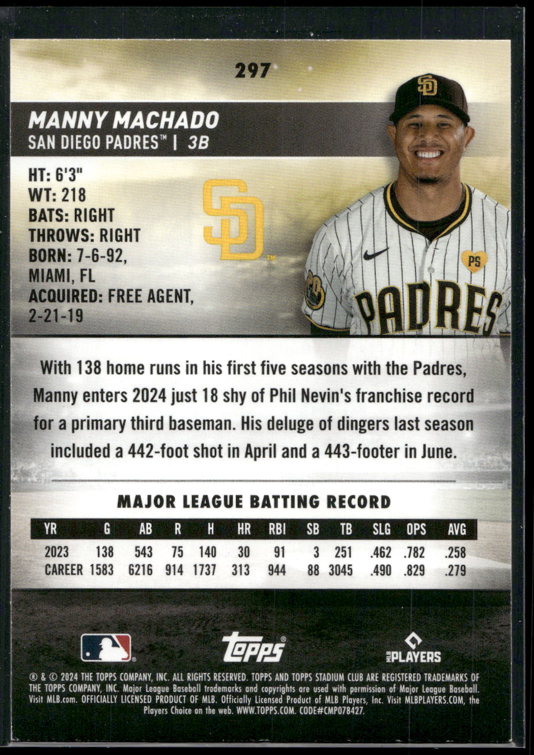 2024 Stadium Club #297 Manny Machado