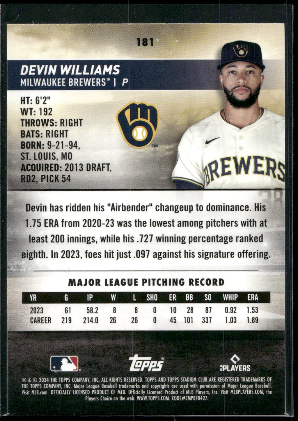 2024 Stadium Club #181 Devin Williams