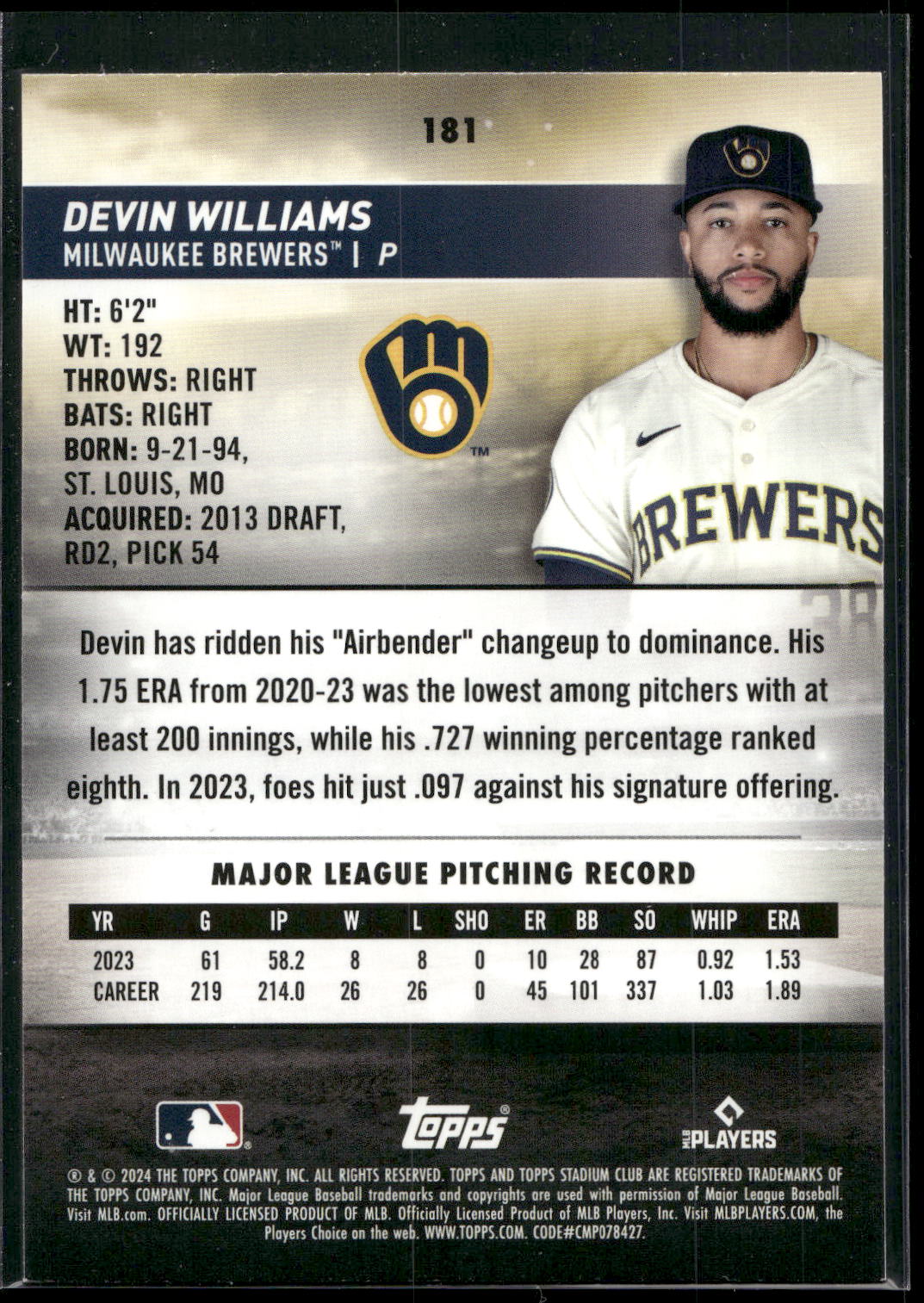 2024 Stadium Club #181 Devin Williams