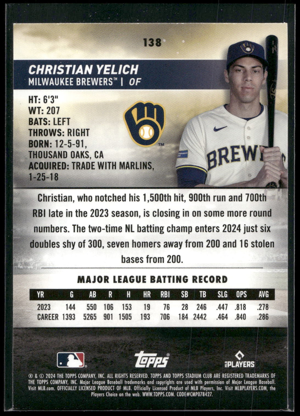 2024 Stadium Club #138 Christian Yelich