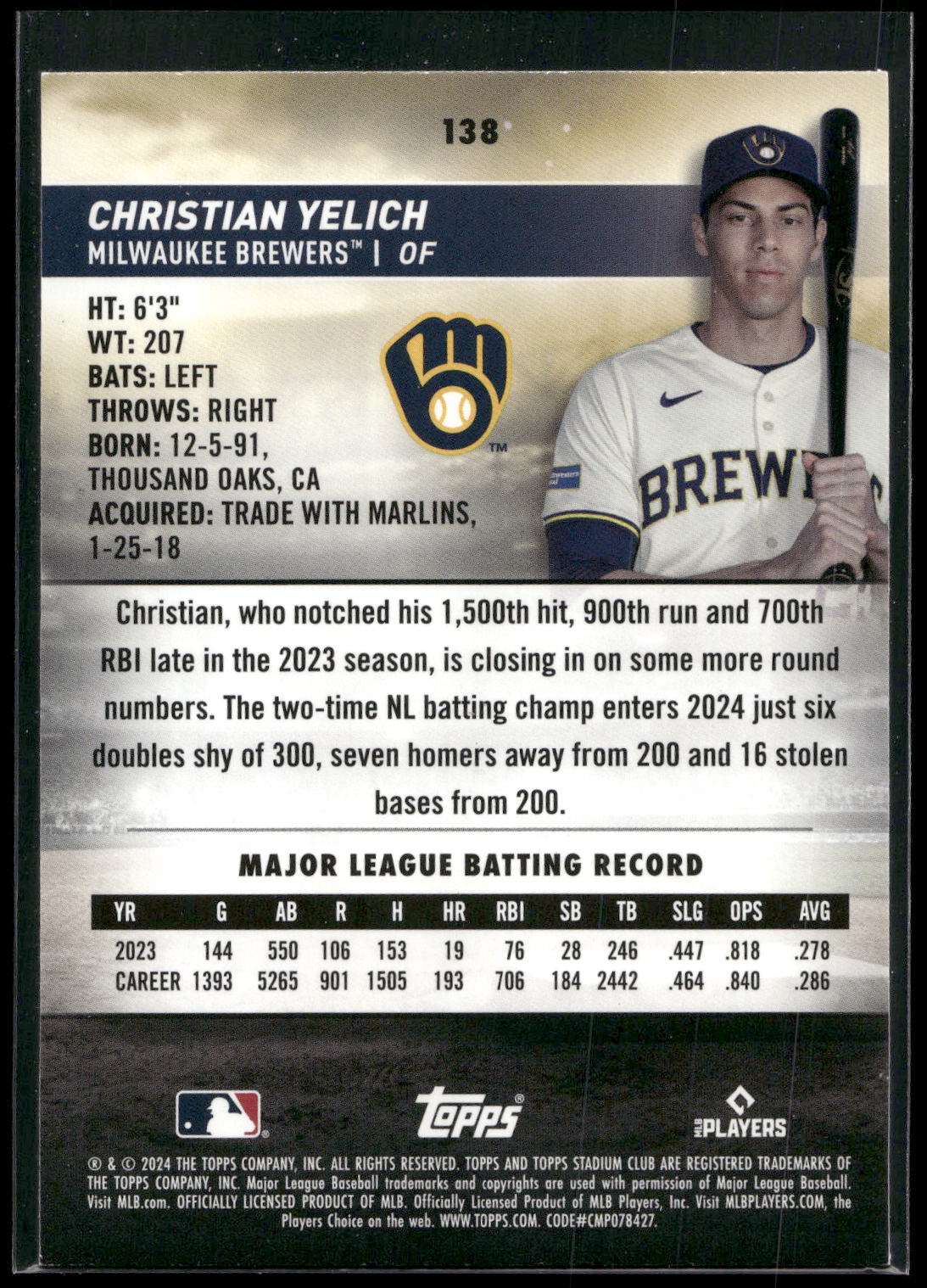 2024 Stadium Club #138 Christian Yelich