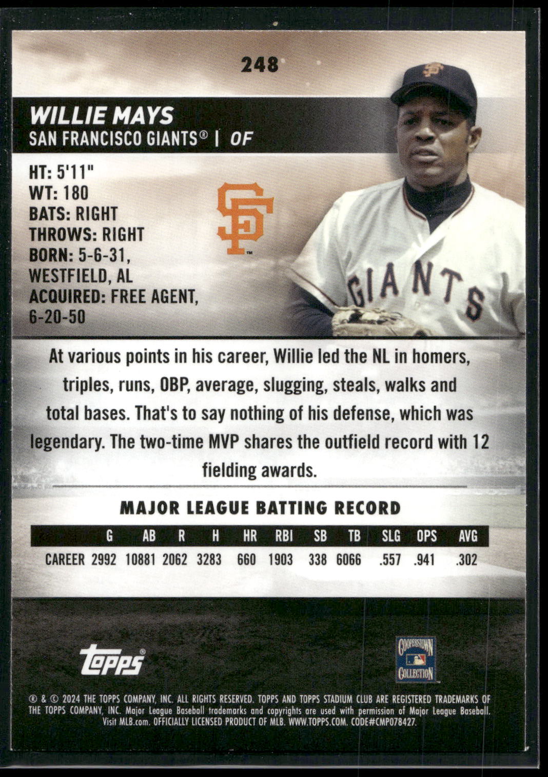 2024 Stadium Club #248 Willie Mays