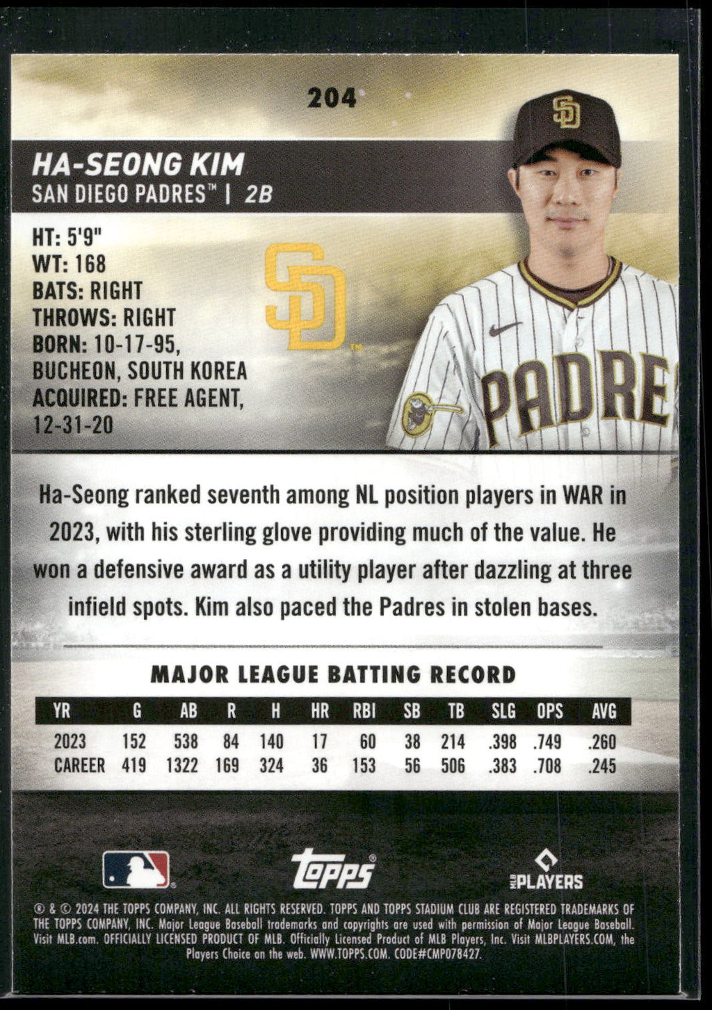 2024 Stadium Club #204 Ha-Seong Kim