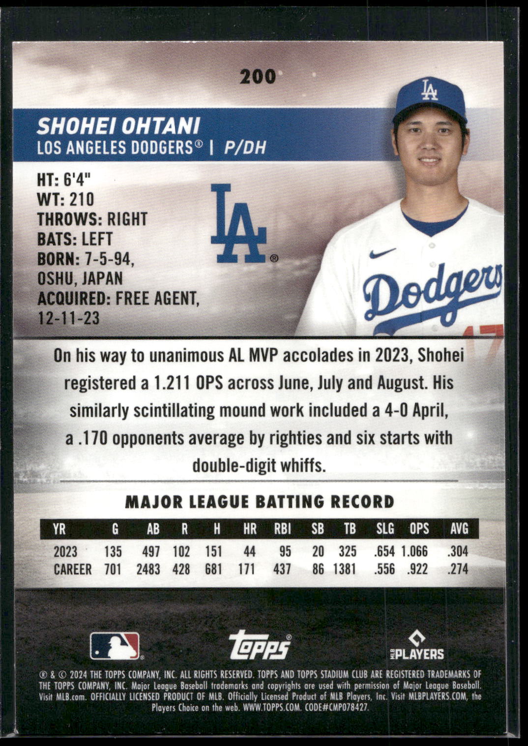 2024 Stadium Club #200 Shohei Ohtani