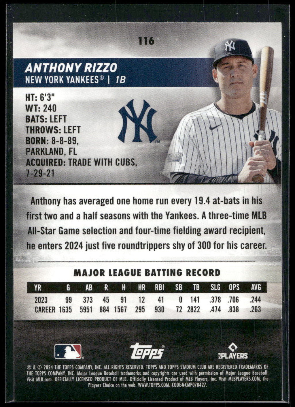 2024 Stadium Club #116 Anthony Rizzo