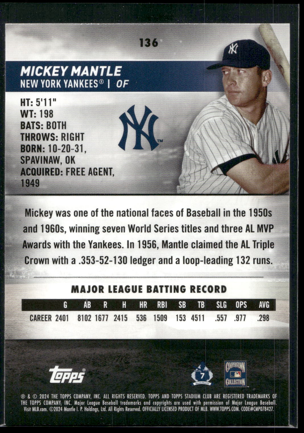 2024 Stadium Club #136 Mickey Mantle