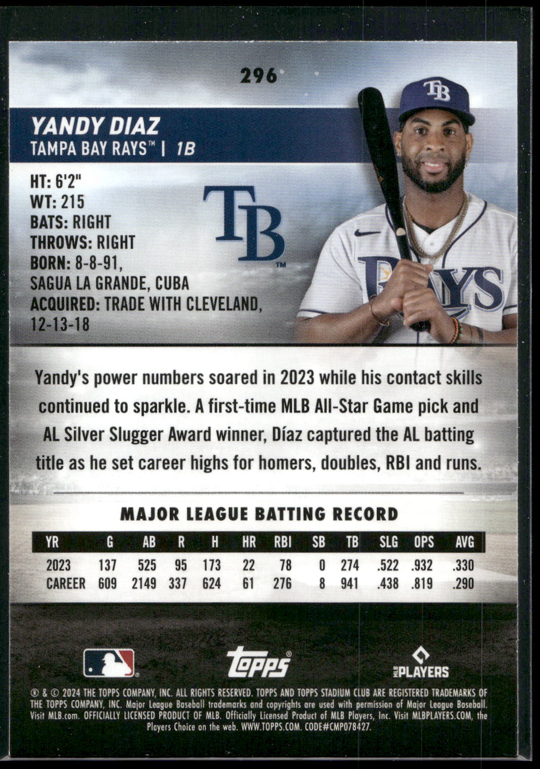 2024 Stadium Club #296 Yandy Diaz