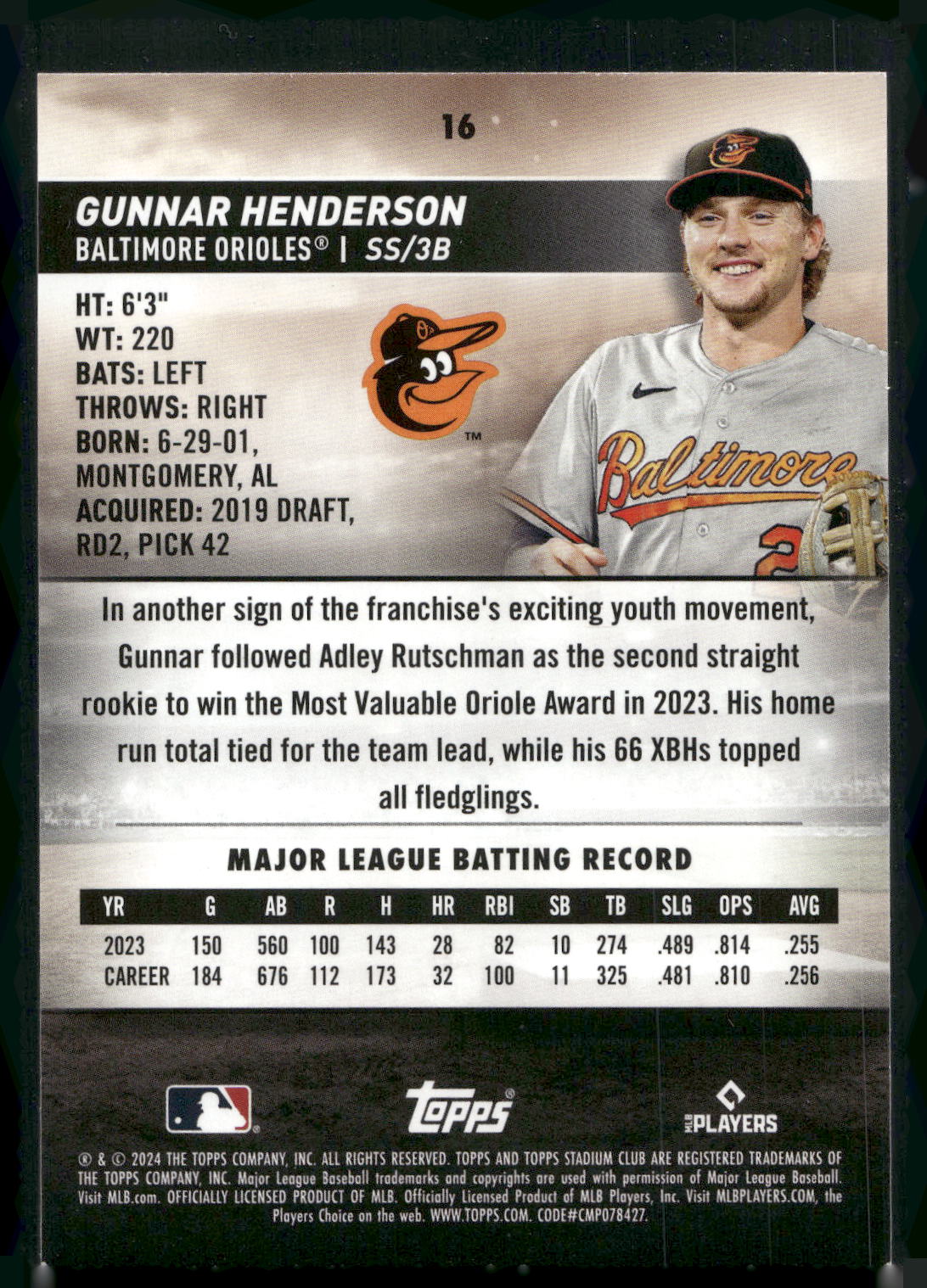 2024 Stadium Club #16 Gunnar Henderson
