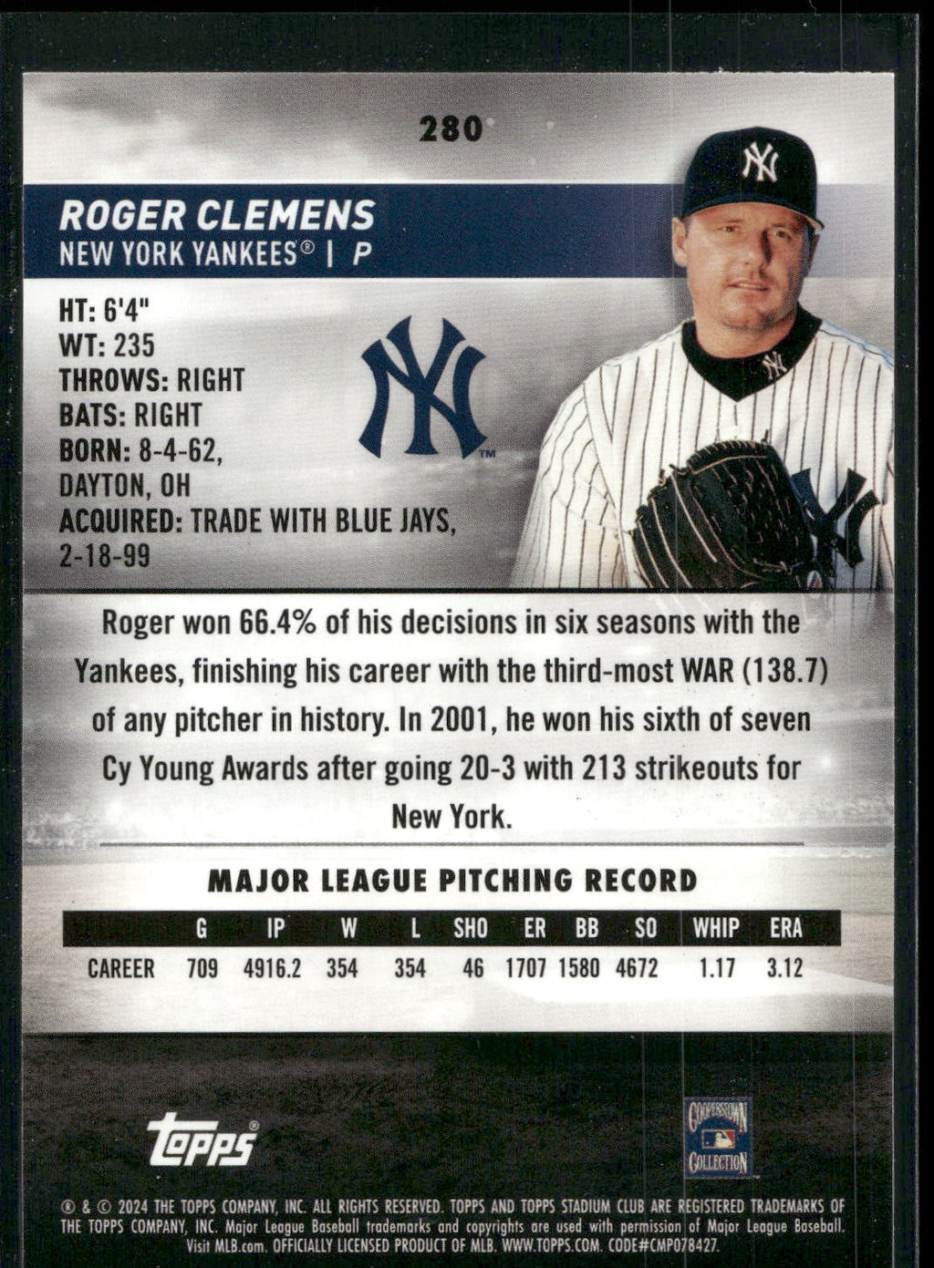 2024 Stadium Club #280 Roger Clemens