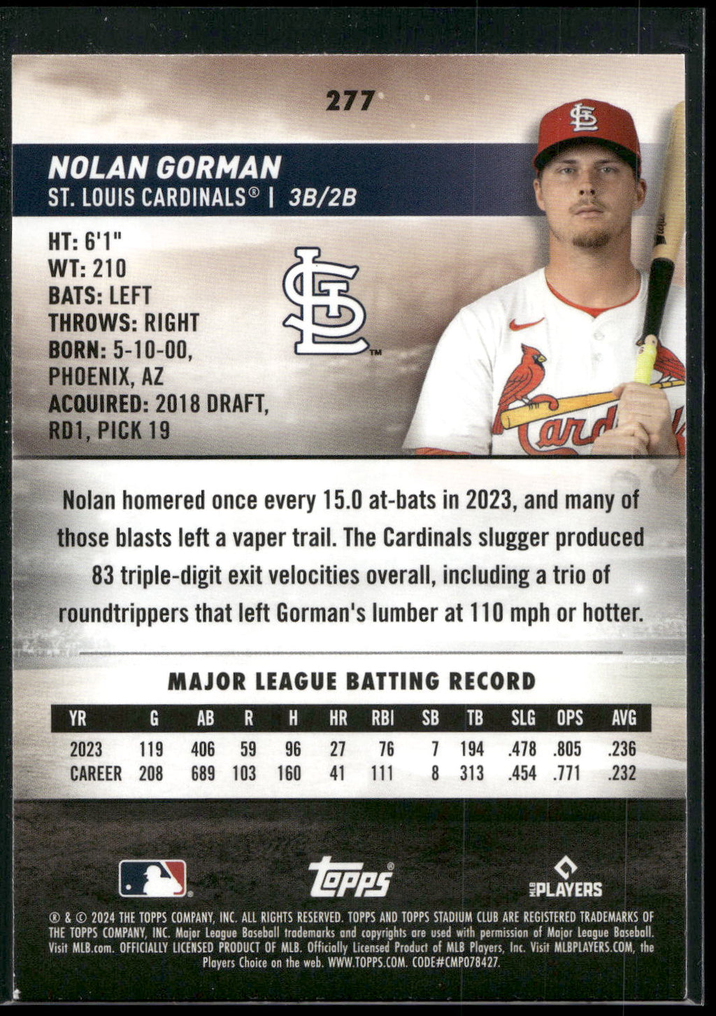 2024 Stadium Club #277 Nolan Gorman